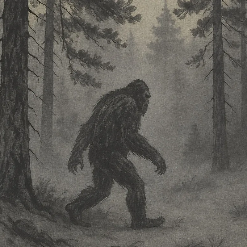 An original illustration of Bigfoot in its habitat, Pacific Northwest, United States