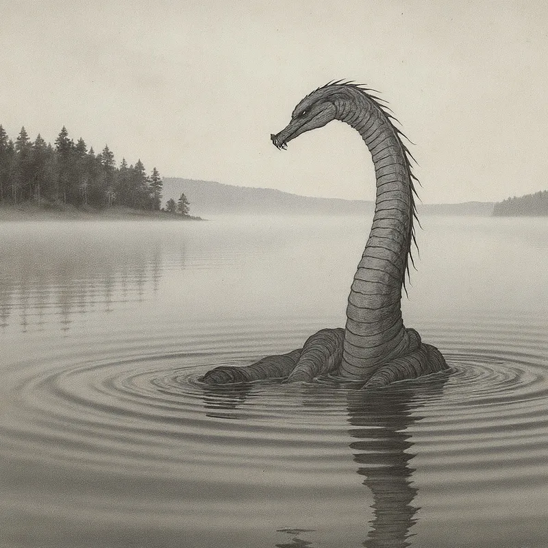 An original illustration of Champ, the Lake Champlain Monster in its habitat, Lake Champlain (Vermont / New York)