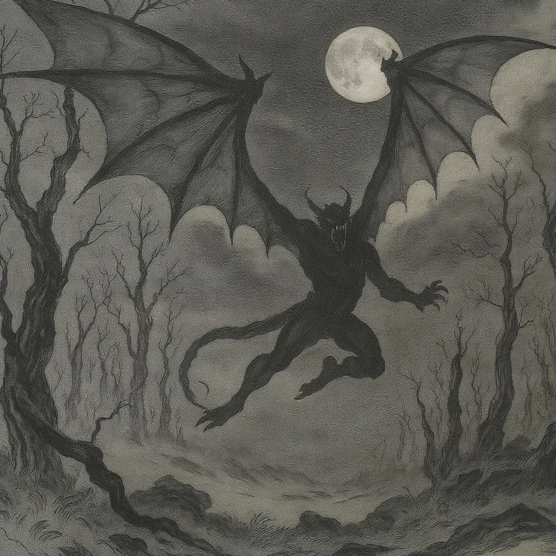 An original illustration of The Jersey Devil in its habitat, Pine Barrens, New Jersey