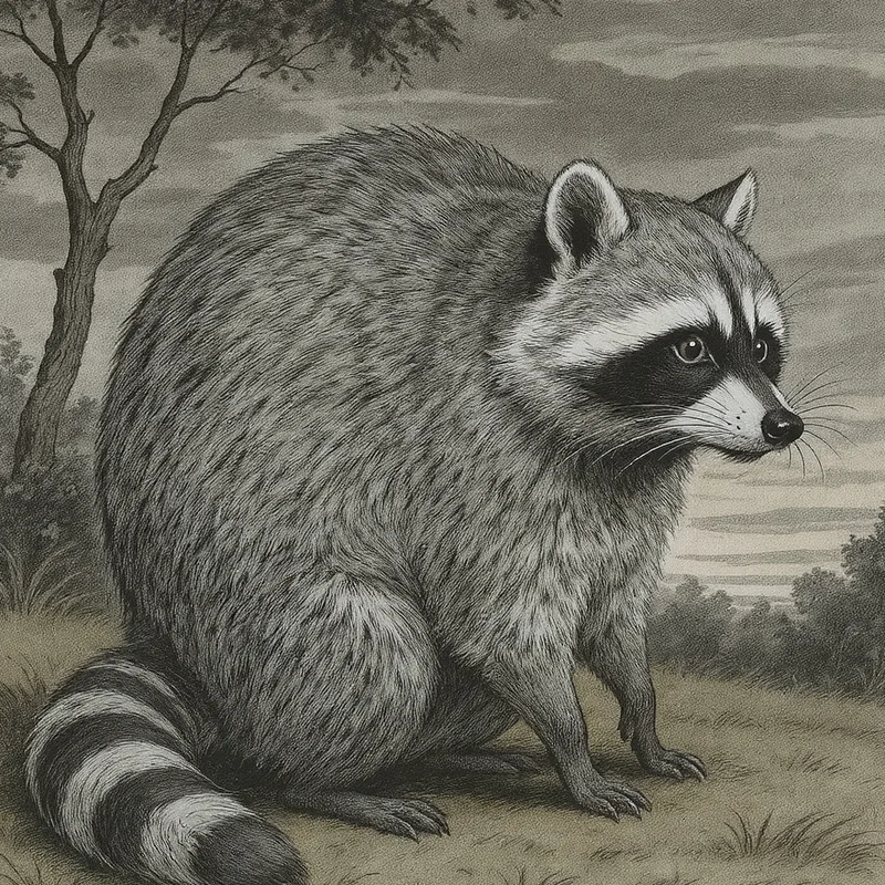 Jimothy, the round short-spined raccoon of Ballard, Seattle, in aged ink-plate style