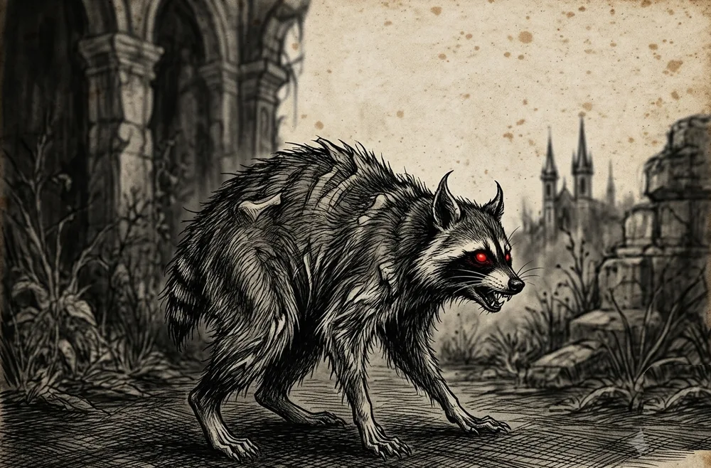 Stylized cryptid illustration of Jimothy the raccoon: artist rendering: the Ballard cryptid stalks the ruins