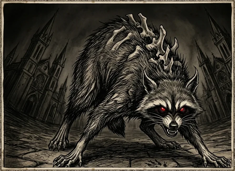 Ink field study of Jimothy the raccoon, drawn in a monster manual style
