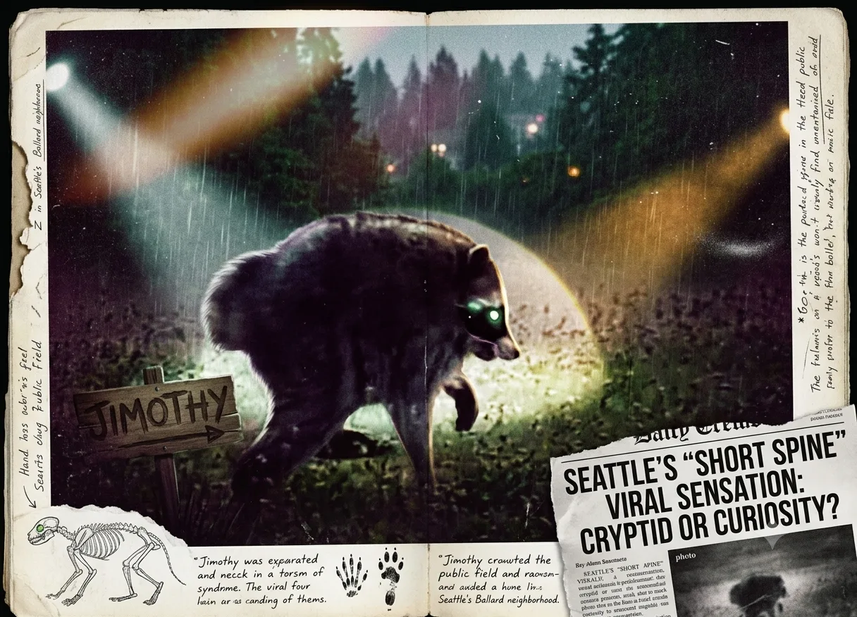 Stylized cryptid illustration of Jimothy the raccoon: case-file page: trail-camera capture, Ballard, small hours (dramatized)
