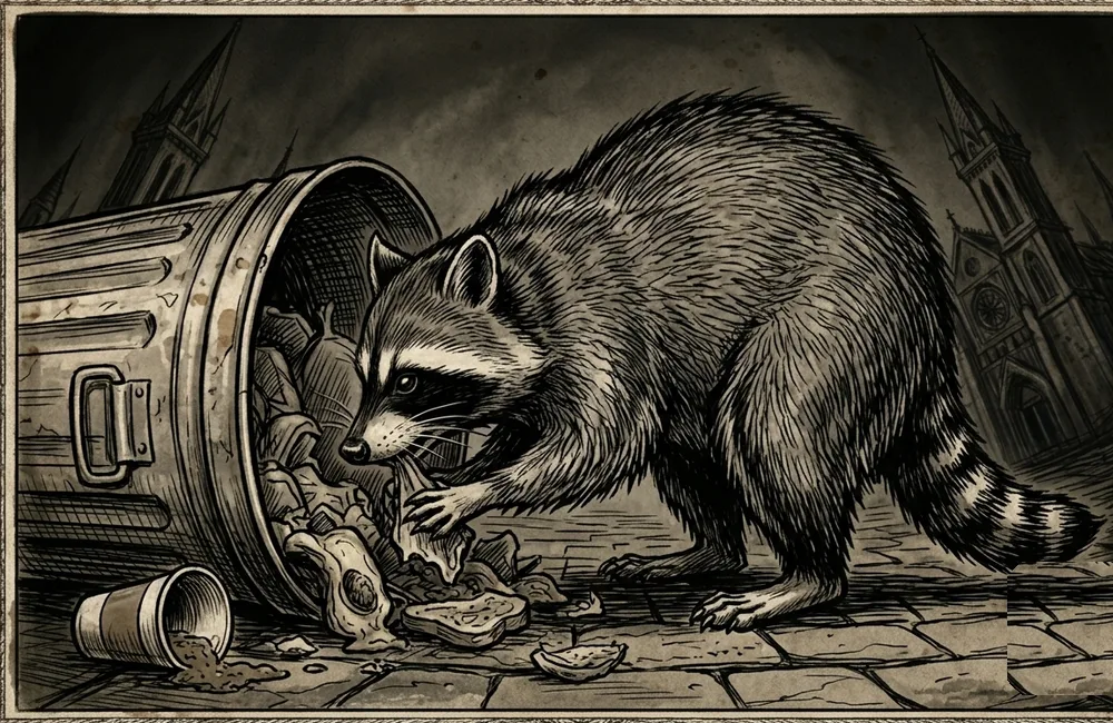 Stylized cryptid illustration of Jimothy the raccoon: urban foraging analysis: the specimen at work