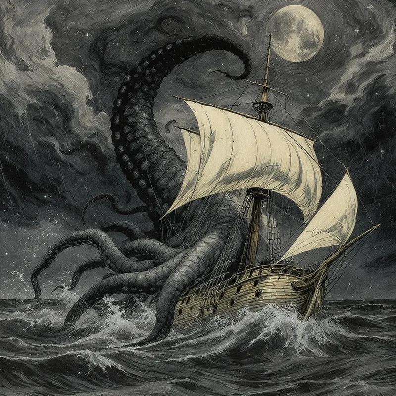An original illustration of The Kraken in its habitat, The seas off Scandinavia