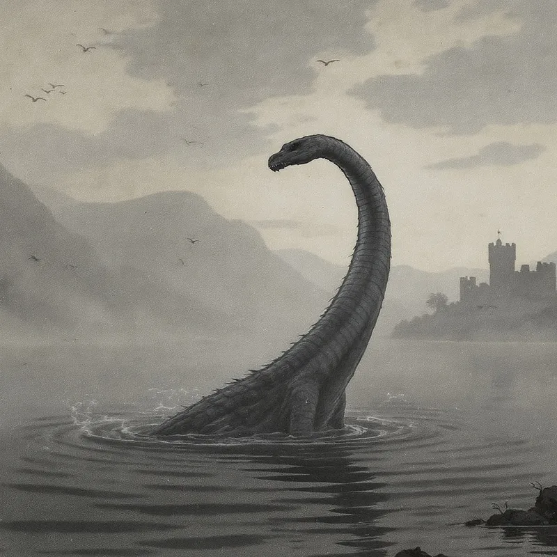 An original illustration of The Loch Ness Monster in its habitat, Loch Ness, Scotland