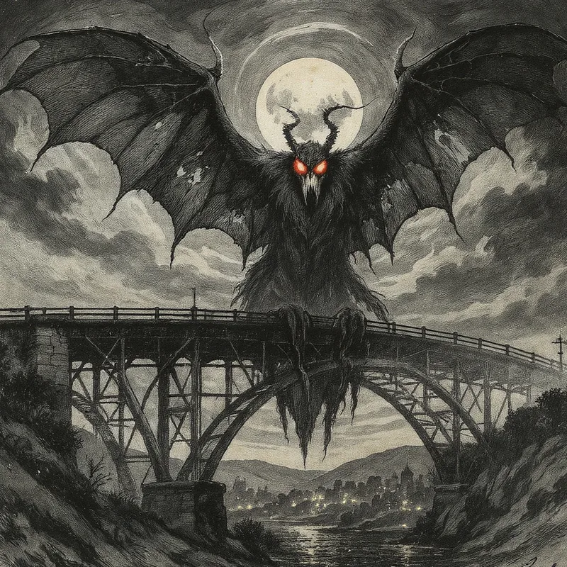 An original illustration of Mothman in its habitat, Point Pleasant, West Virginia
