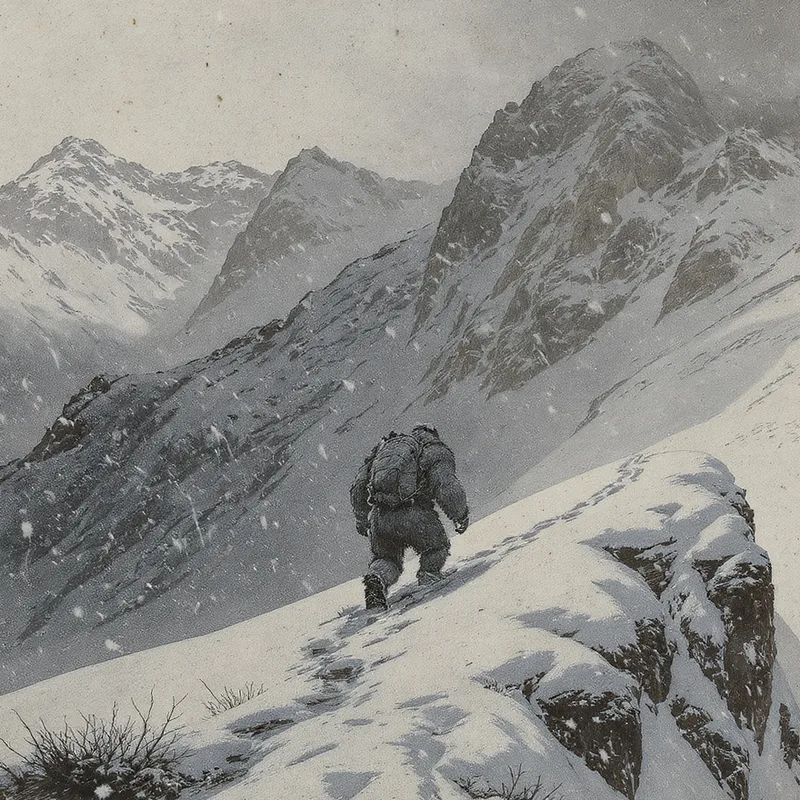 An original illustration of The Yeti in its habitat, The Himalayas (Nepal & Tibet)