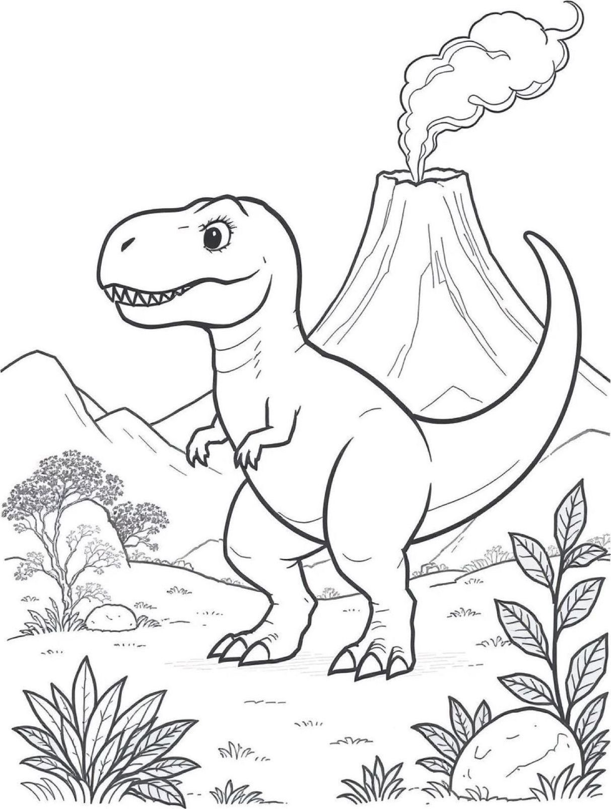 coloring page of a happy cartoon t-rex dinosaur standing among ferns under a smiling sun