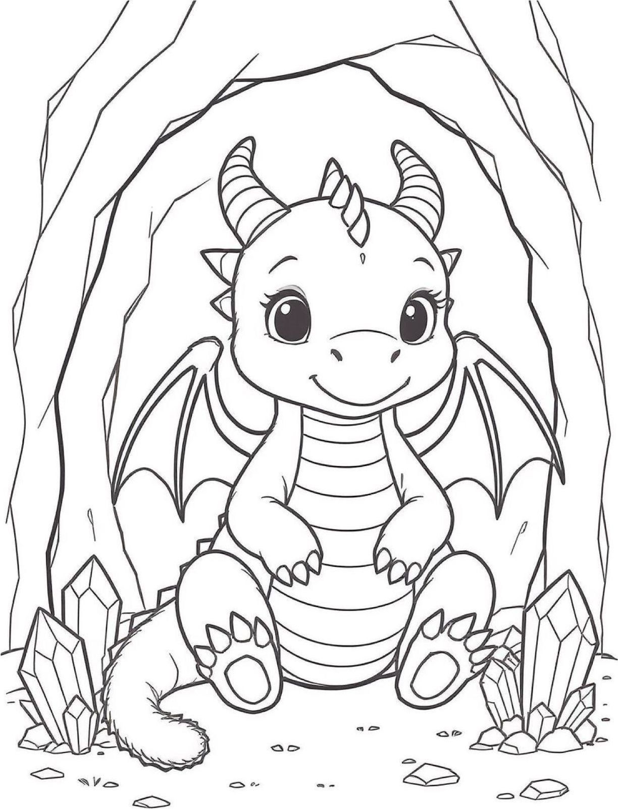 coloring page of a cute friendly baby dragon with small wings sitting on rocks