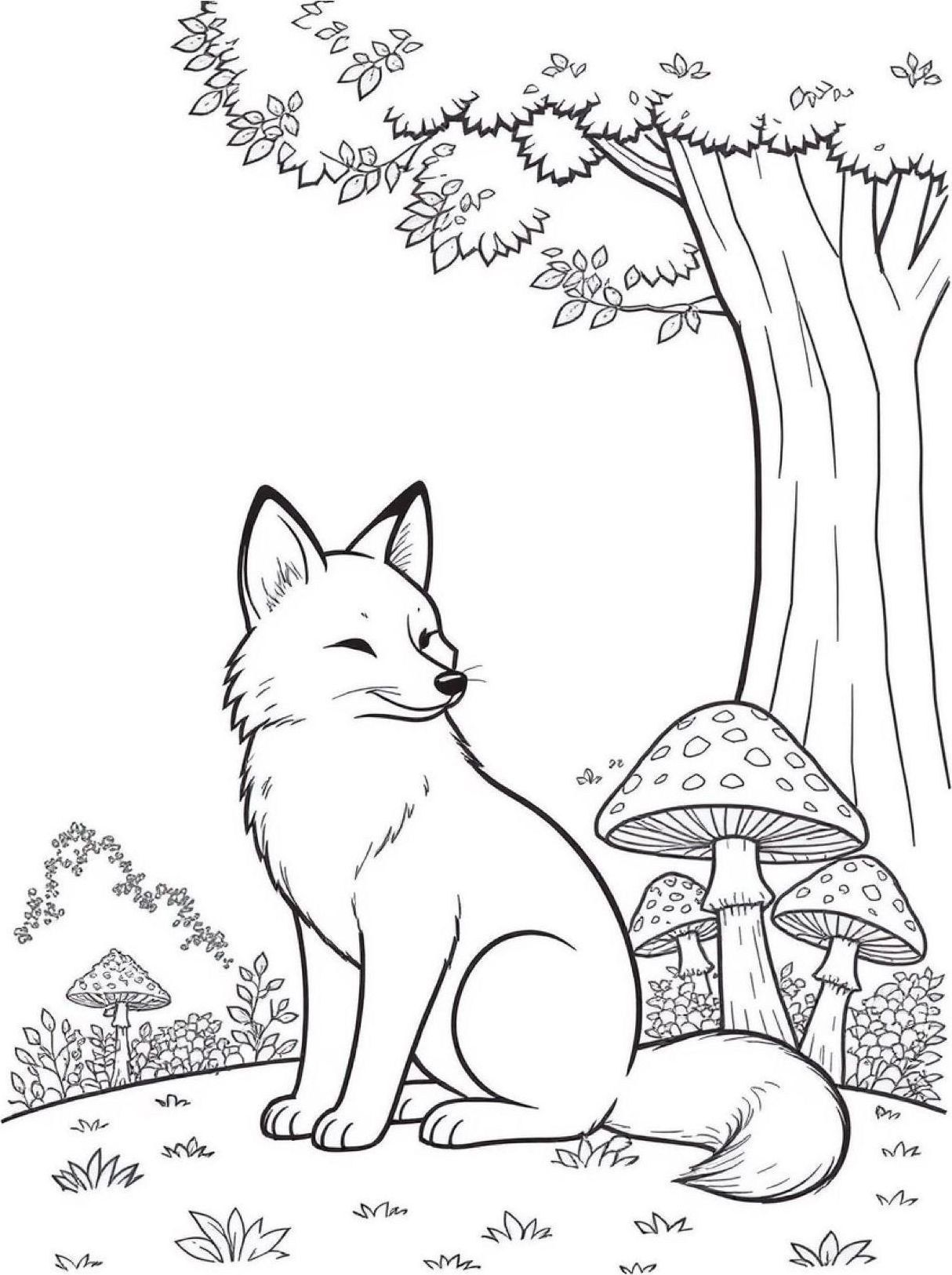 coloring page of a sitting fox with a fluffy tail among big mushrooms and leaves