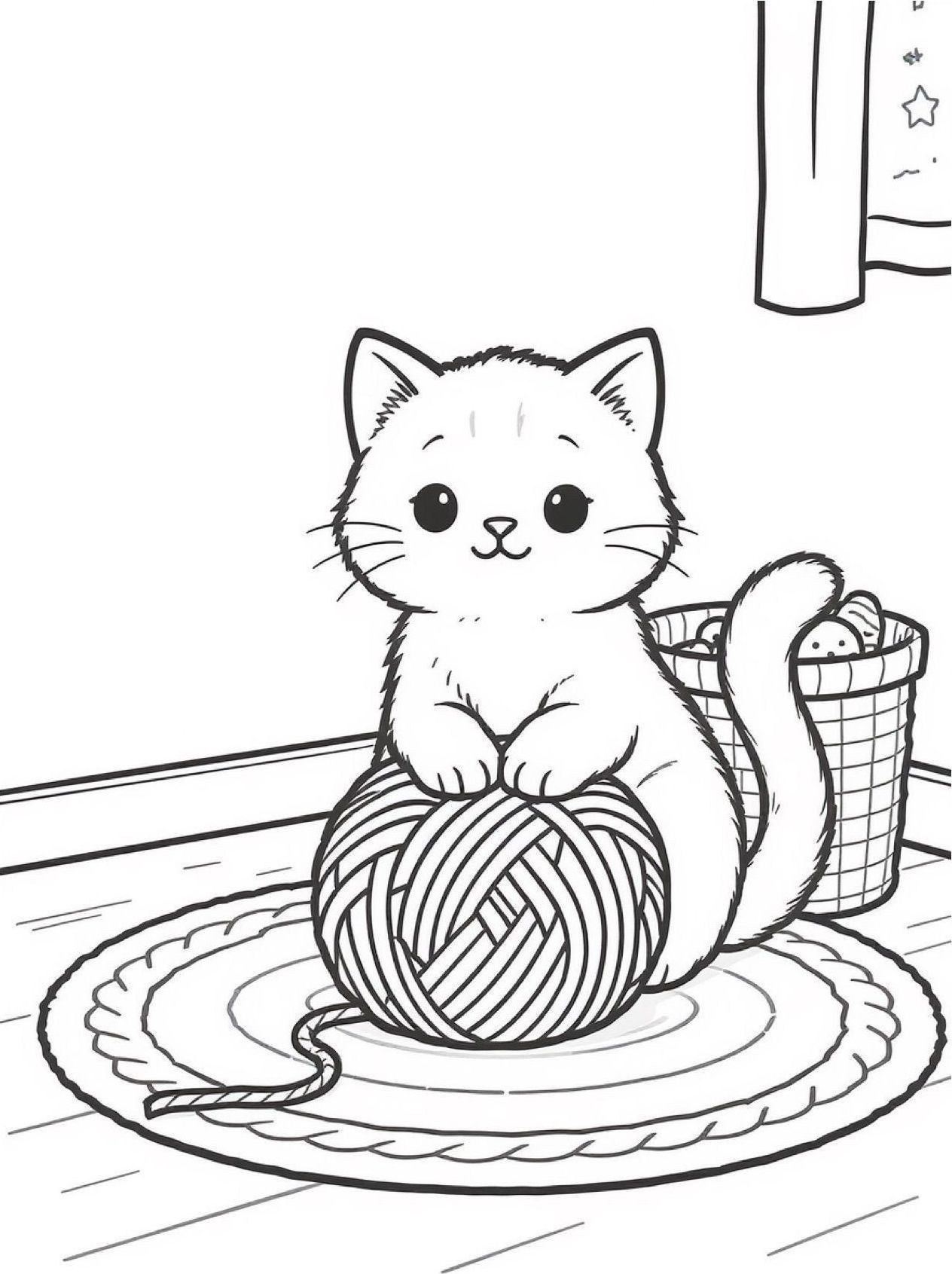 coloring page of a fluffy kitten playing with a ball of yarn on a round rug