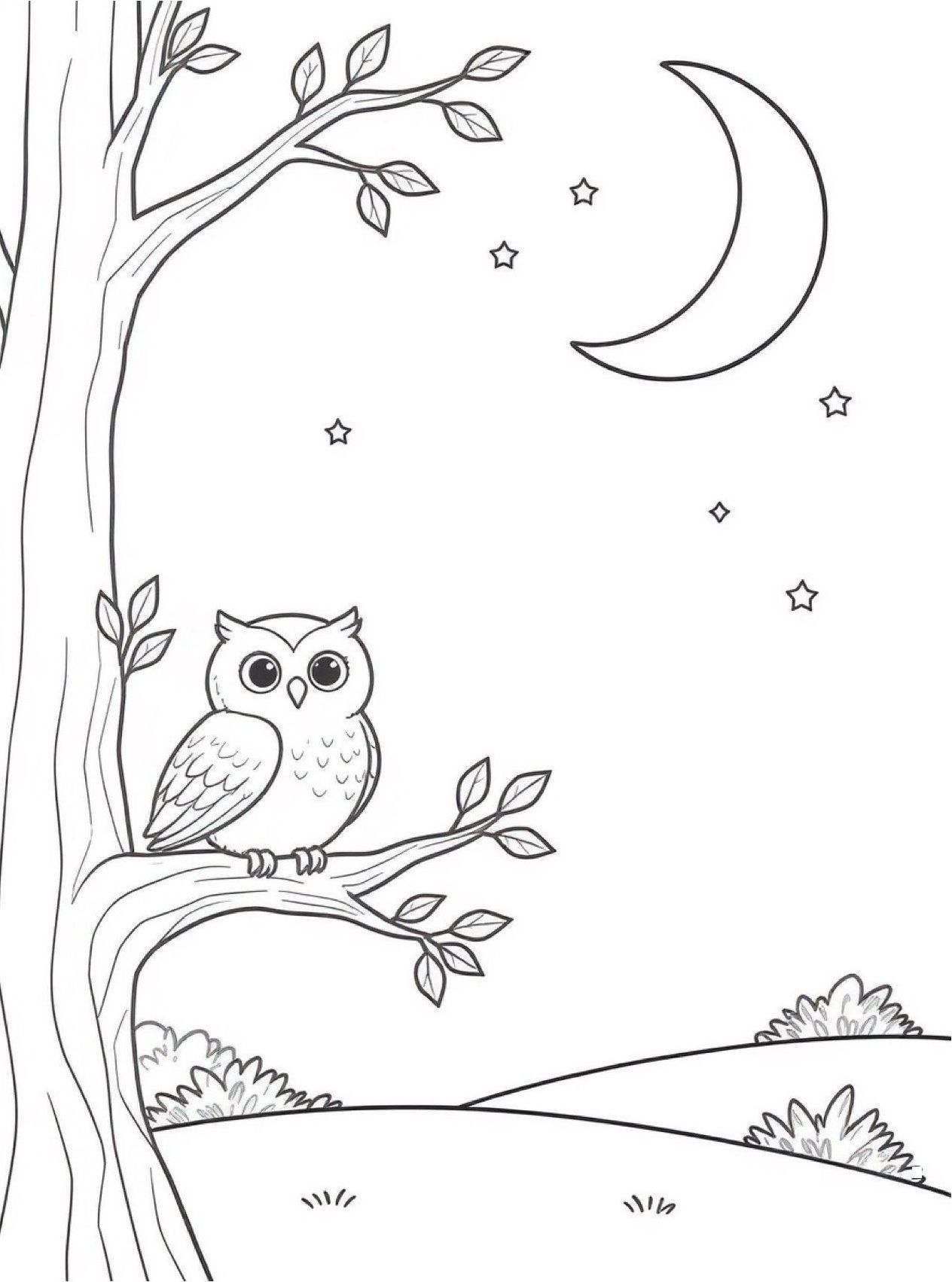 coloring page of a round owl with big eyes perched on a branch under a moon and stars
