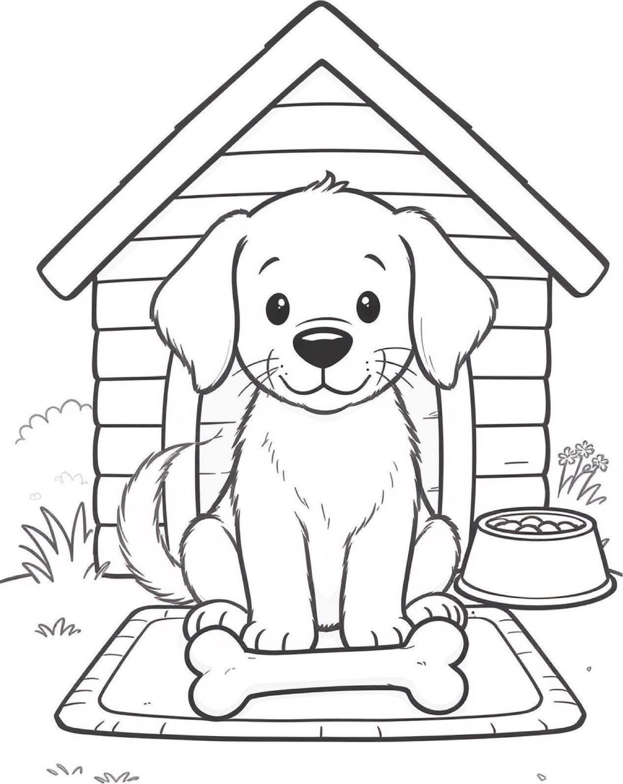 coloring page of a cute floppy-eared puppy sitting beside a bone in the grass