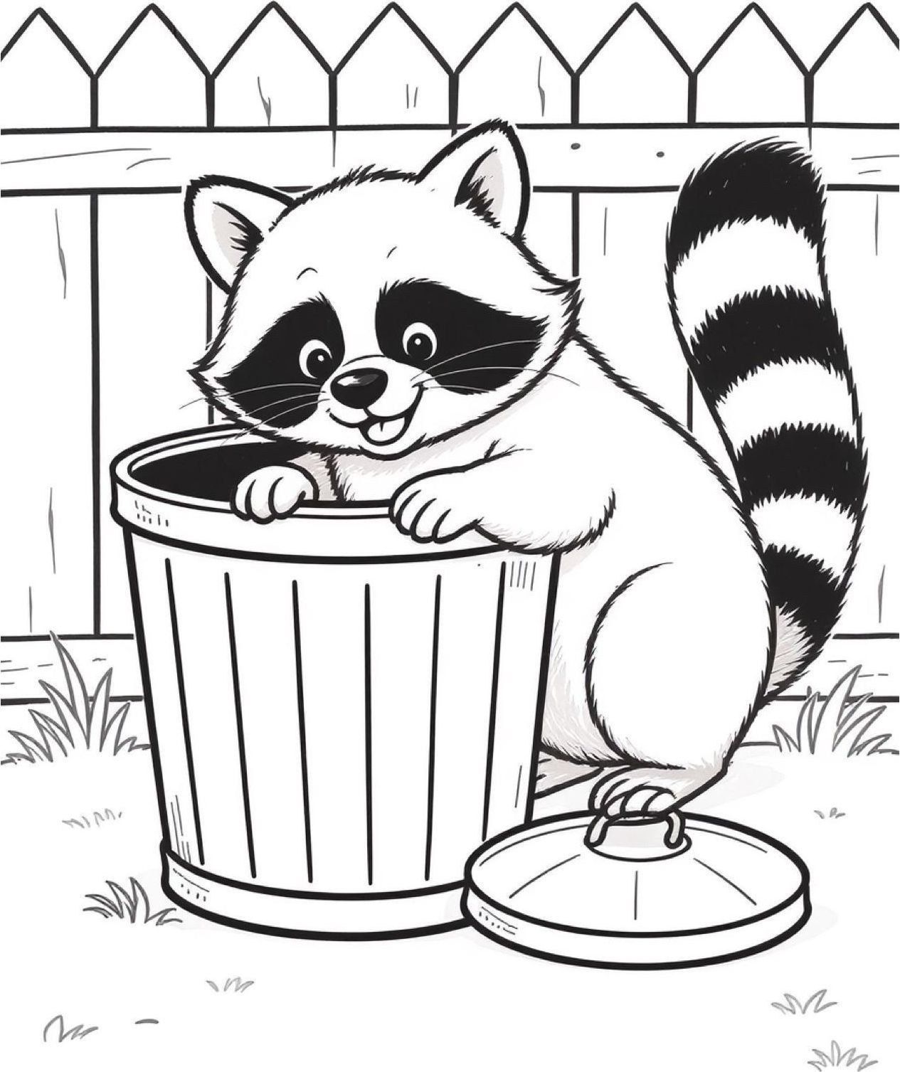 coloring page of a chubby raccoon with a ringed striped tail holding an acorn among leaves