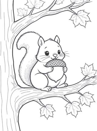 coloring page of big falling maple and oak leaves with a squirrel holding an acorn