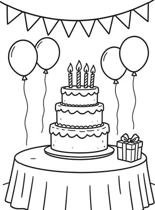 coloring page of a three-layer birthday cake with candles, icing swirls, balloons and confetti
