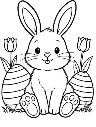 coloring page of a cute bunny with long ears sitting among decorated eggs and spring flowers