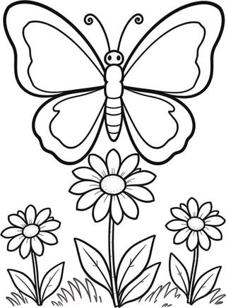 coloring page of a large butterfly with big symmetrical wing patterns flying above two flowers