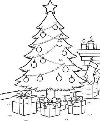 coloring page of a decorated christmas tree with round ornaments, a star on top and wrapped presents underneath