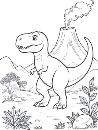 coloring page of a happy cartoon t-rex dinosaur standing among ferns under a smiling sun