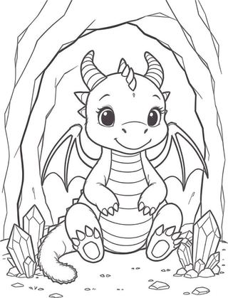 coloring page of a cute friendly baby dragon with small wings sitting on rocks