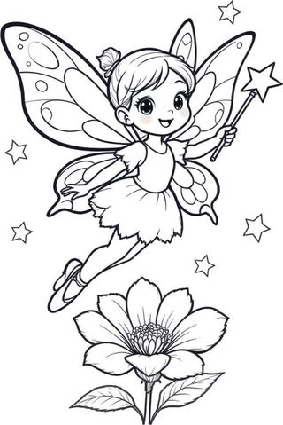 coloring page of a little fairy with big wings holding a star wand over flowers