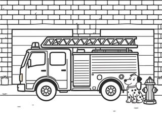 coloring page of a fire truck with a roof ladder and a spotted dalmatian dog sitting beside it
