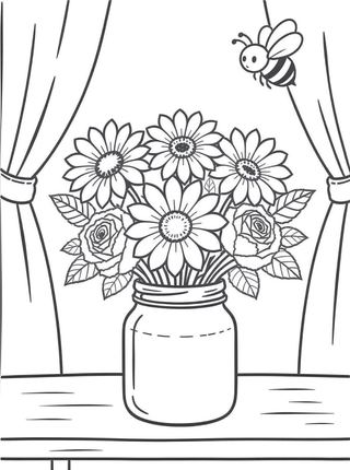 coloring page of a cheerful bouquet of daisies, tulips and roses tied with a bow