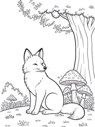 coloring page of a sitting fox with a fluffy tail among big mushrooms and leaves