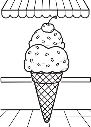 coloring page of a giant smiling triple-scoop ice cream cone with sprinkles, whipped cream and a cherry