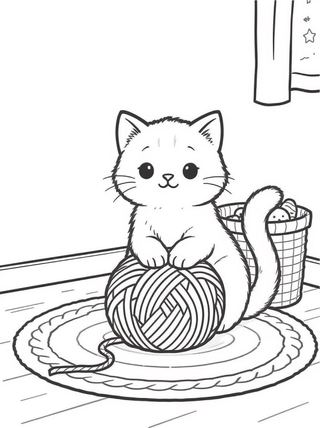 coloring page of a fluffy kitten playing with a ball of yarn on a round rug
