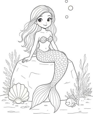 coloring page of a happy mermaid with long wavy hair sitting on a rock with bubbles, a starfish and a fish