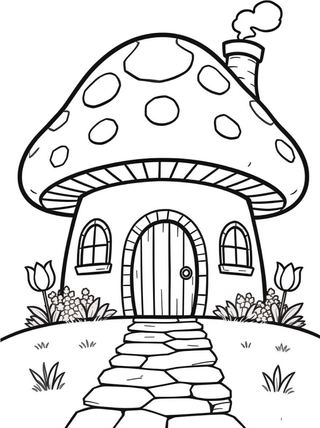 coloring page of a fairytale mushroom house with a round door, little windows and flowers around it