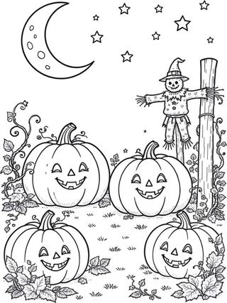 coloring page of three happy pumpkins on a patch with curly vines and a small friendly bat above