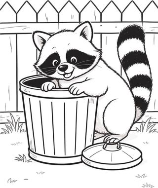 coloring page of a chubby raccoon with a ringed striped tail holding an acorn among leaves