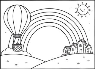 coloring page of a big rainbow between two fluffy clouds with a smiling sun, raindrops and two birds