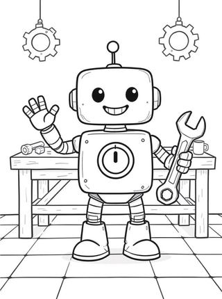 coloring page of a friendly boxy robot with an antenna and round eyes waving hello among stars