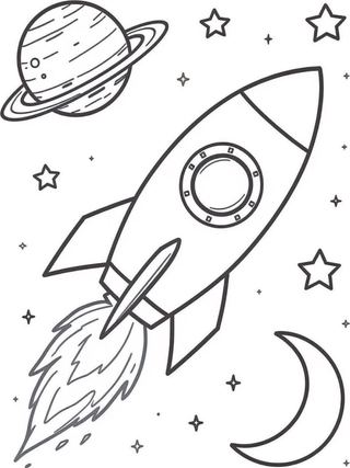 coloring page of a rocket ship blasting off with swirling smoke, a ringed planet, stars and a crescent moon