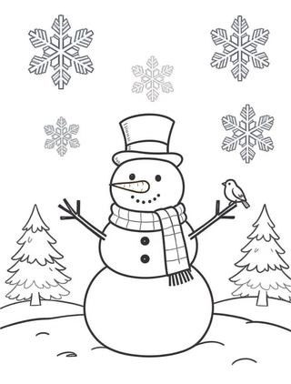 coloring page of a happy snowman with a top hat, scarf and stick arms, with snowflakes and a little bird
