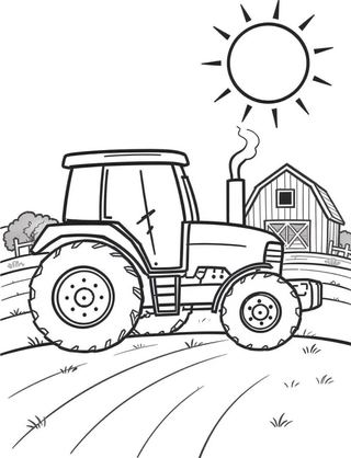 coloring page of a big friendly farm tractor with big wheels in a field with a barn and sun