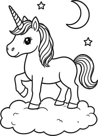coloring page of a cute unicorn with a flowing mane standing in a meadow with flowers and a rainbow