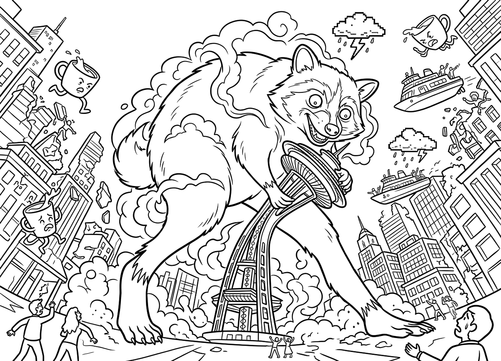 Jimothy the raccoon coloring page: kaiju-sized, stomping the Space Needle